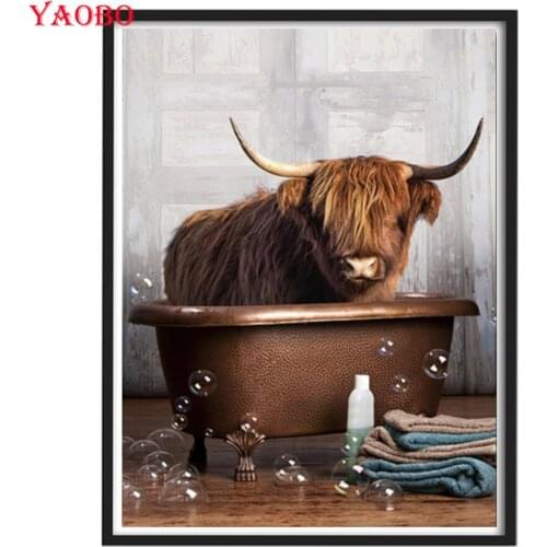Full Square Round Drill Diamond Painting Modern animal art highland cattle bathtub 5D Diy Diamond Embroidery Mosaic Cross Stitch