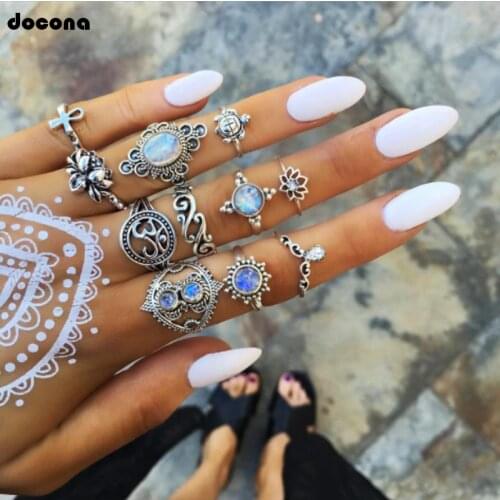 Docona Vintage Antique Lotus Tortoise Knuckle Midi Ring Set for Women Blue Rhinestone Geometric Rings Anillos 11pcs/set 9037