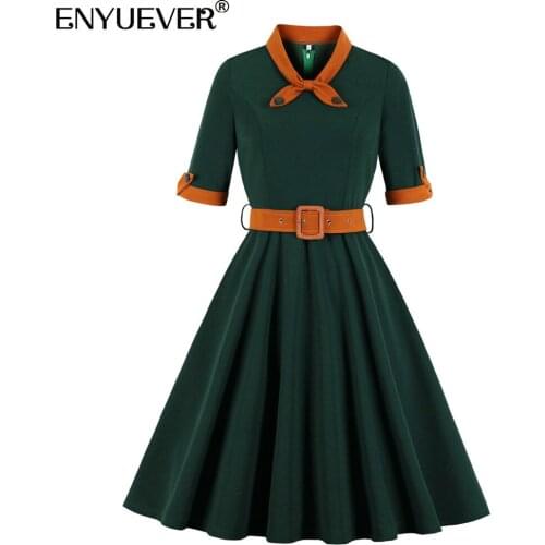 Enyuever Elegant Women Dress Summer Clothes V Neck Half Sleeve Patchwork Belt Robe Pin Up Swing Party Office Ladies Dresses