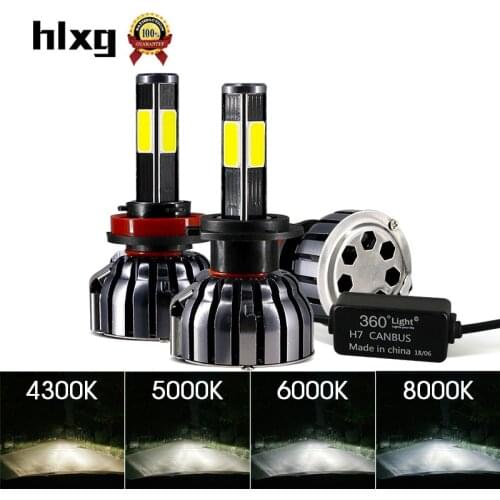 Hlxg 2PCS 4 Sides h7 led 5000K H4 LED Canbus Bulbs Car Headlight Kit 90W H11 9006 Auto light bulbs for cars 12V 6000K 360 degree