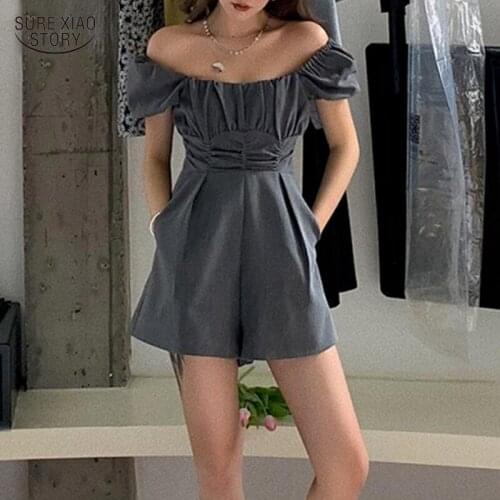 Hugging Off-Shoulder Jumpsuit Rompers Womens Jumpsuit High Waist Pleated Wide Leg Shorts Womens Summer Puff Sleeve Dress 14395