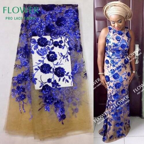 African French Net Lace Fabric With Sequins Royal Blue Flower Embroidered Lace Material Indian Women Designer New Mesh Net Laces