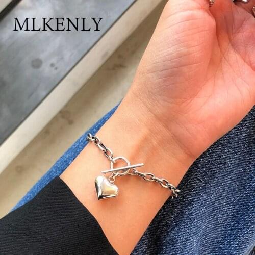 MLKENLY 925 sterling silver plump smooth heart-shaped bracelet cute love chain &link bracelet for women holiday gift