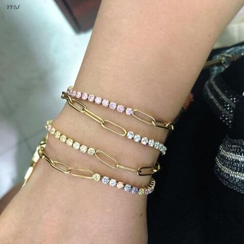 Fake diamo Half tennis bracelet for women stainless steel pink AB zircon stone set summer bracelet bangles minimalist dainty2021