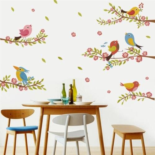 Cute Bird On Tree Branch Wall Stickers For Kids Room Bedroom Home Decoration Cartoon Animal Mural Art Diy Pvc Wall Decal