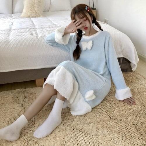 2018 autumn and winter dress Korean version of the sweet fresh bow cute princess nightdress thick long casual fashion dress