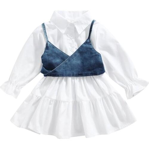New 2 Pcs Infant Solid Color Outfits, Girls Button-down Long Sleeve Lapel Dress + Surplice Neckline Spaghetti Strap Camisole