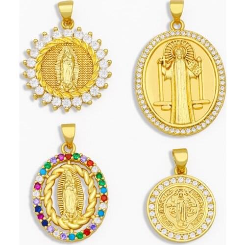 OCESRIO CZ Stone Coin Virgin Mary Necklace Charms for Jewelry Making Gold Jesus Pendant Charms for Jewelry Wholesale pdta216