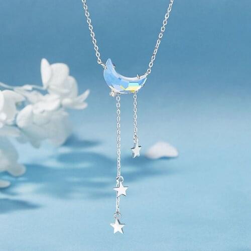 Romantic Moon Star Pendant Necklace For Women Crystal Zircon Feather Tassel Clavicle Chain Necklaces Bride Wedding Party Jewelry