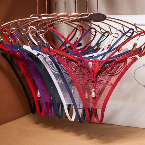 Sexy Cut-out Perspective Womens Underwear Lace Fashion Cross Belt Thong Pearl Decoration Flower T Pants Embroidered G-String