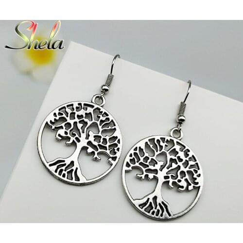 SHELA Metal Alloy Dangle Drop Earrings for Women Tree of Life Silver Color Medium Size Fashion Jewelry Pendientes