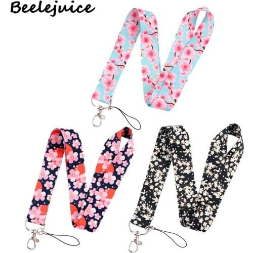 Pink flowers Neck Keychain Necklace Webbings Ribbons Anime Cartoon Neck Strap Lanyard ID badge Holder Keychain Lanyards Gifts