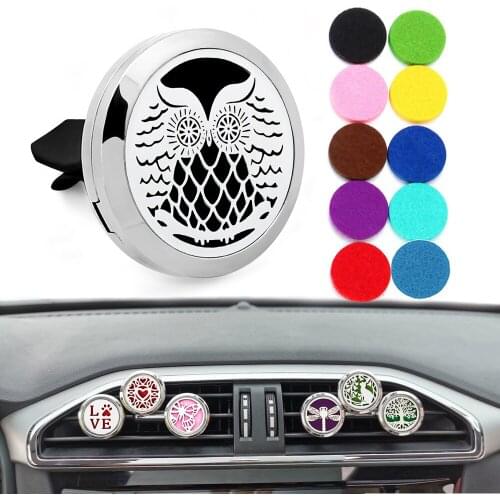 Owl 30mm 316L Stainless Steel Car Air Freshener Car Perfume Diffuser Clip Essential Oil Car Diffuser Locket Vent Clip 10pcs Pads