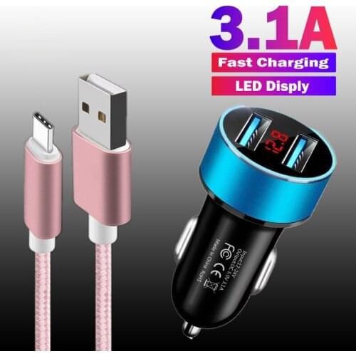 LED Display Car Charger Dual USB 3.1A Fast Charging For Samsung S21 Ultra Xiaomi Redmi Note 9 Pro USB Type C Nylon Data Cable