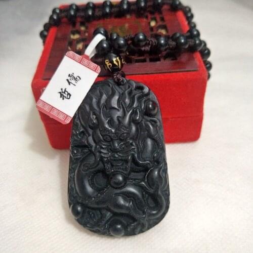 Zheru Jewelry Pure Natural Jade Carved Black Dragon King Pendant with Black Jade Bead Necklace A-level National Certificate