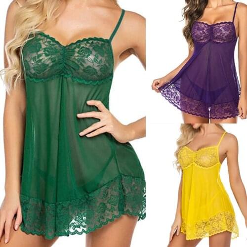 2021 Women Sexy Perspective Sleepwear Temptation Lingerie Ladies Nightwear Lace Patchwork Nightdress Nightgown