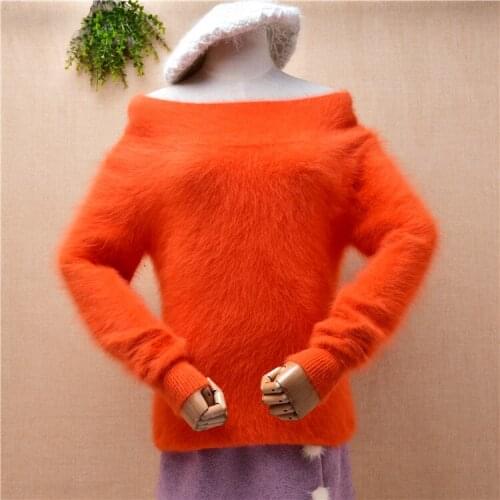 Ladies women fashion orange hairy mink cashmere knitted slash neck oof shoulder sleeves slim blouses pullover jumper sweater top