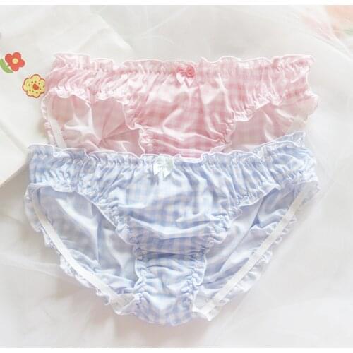 Cute Bow Underwear Women Pleated Lace Seamless Underpants pink Plaid Panties Middle Waist Lingerie Lovely Girl Briefs