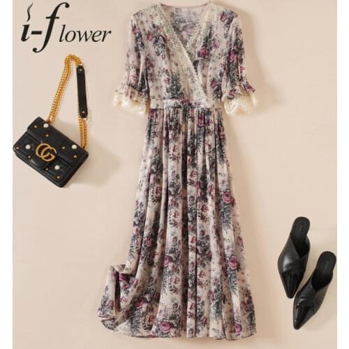 100% Natural Silk Mulberry Dress for Women 2021 Summer Printed Midi Dress A-Line V Neck Short Sleeve Lace Patchwork Floral Robe