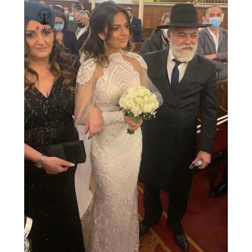 2021 Elegant Wedding Dresses High Collar Lace Long Sleeve Mermaid Vestidos De Novias