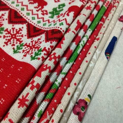 Pretty 8pcs Mixed Christmas Snowflake Deer Tree House Printed Cotton Linen Fabric Floral Linen Fabric Patchwork 22x24cm Small