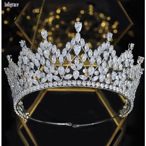 White CZ Princess Pageant Crowns Full Cubic Zirconia Tiaras for Bride Birthday Quinceanera Headpiece Wedding Hair Accessories