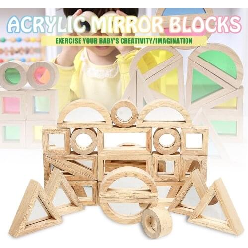 Wooden Mirror Blocks Construction Building Learning Kids Gift Stacking Block