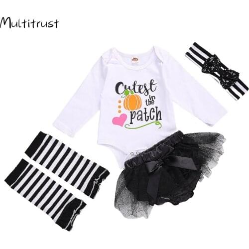 2020 Baby Halloween Set Floral Print Round Neck Long Sleeve Baby Bodysuit+ Solid Color Skirt+ Headband+ Foot Cover 4pcs