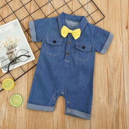 0-24M Newborn Baby Boy Short Sleeve Bow Tie Denim Romper Jumpsuit One Pieces Summer Clothes