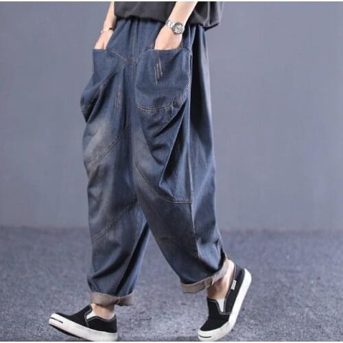 Autumn Jeans Women Large size Loose Denim Pants 2019 New Ladies Elastic Waist pocket Spliced Bleached Vintage Denim Trousers