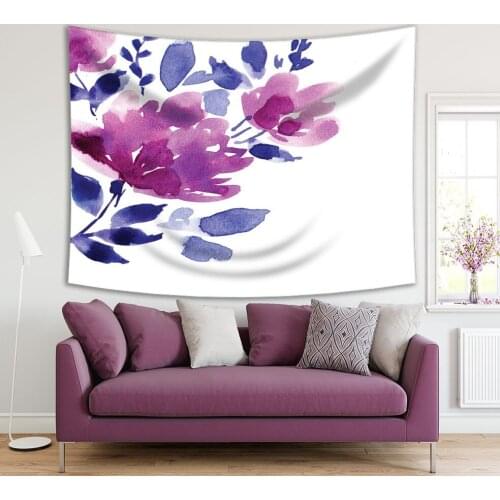 Tapestry Flower Branches Leaves with Watercolor Painting Artwork Printed Purple Blue