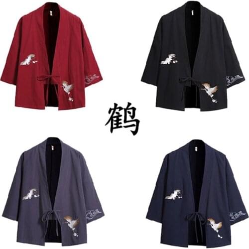 Kimono Cardigan Japanese Style Men Samurai Haori Clothing Crane Embroidery Traditional Vintage Yukata Asian Clothes Women