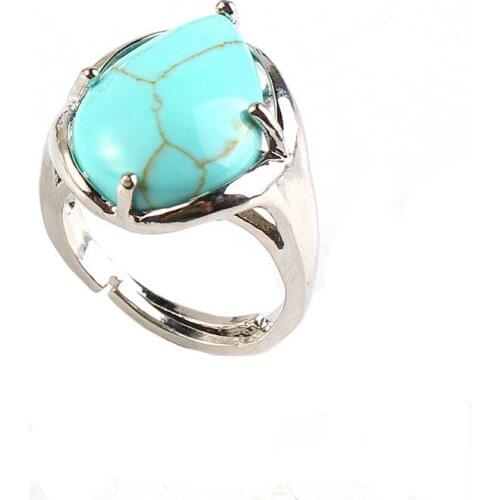 KFT Silver Plated Resizable Water Drop Stone Ring Man Made Green Turquoises Stone Ring For Women Party Wedding Jewelry