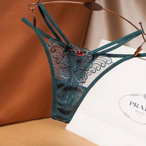 Lace G-string Sexy Underwear Women Transparent Mesh Jewel Butterfly Low Waist Tempting T-shirt Womens Underwear T Pants