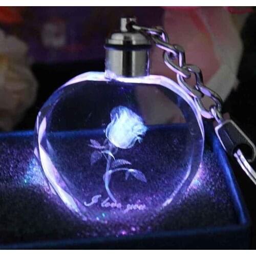 Trendy Artificial Crystal Rose Flower Heart Key Chain LED Lights Keyrings Key Chains Lovers Couples keychain Valentines Day Gift