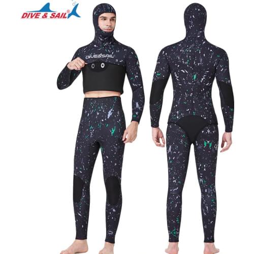 5MM Men Neoprene Underwater Hunting Surfing Two Pieces Spearfishing Diving Suit Hooded Scuba Snorkeling Surfing JumpSuit WetSuit