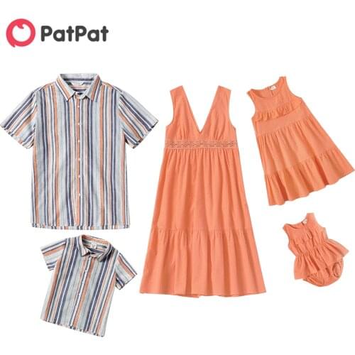PatPat 2021 New Arrival Mosaic Casual Orange Series Sets(V-neck Dresses - Stripe Button Front Shirts - Rompers)