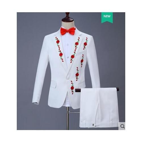 Singer dance stage white clothing for men groom suit set with pants mens embroidery suits costume mens formal dress tie 4XL