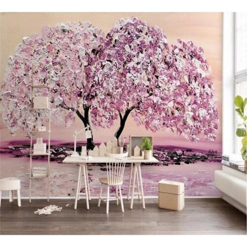 Custom 3d wallpaper pink oil painting cherry tree fashion flower TV background wall painting quality waterproof material