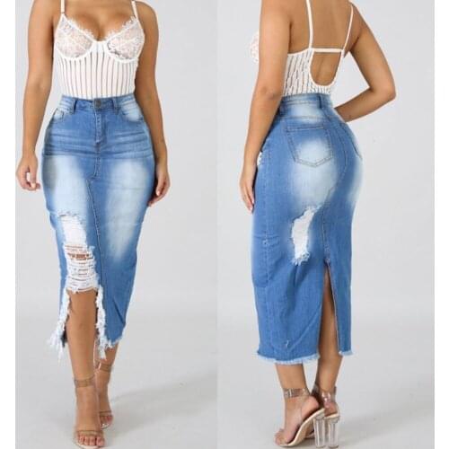 Sexy Hole Denim Skirts Women High Waist Washed Jean Skirt Ladies Casual Bandage Split Plus Size Skirt