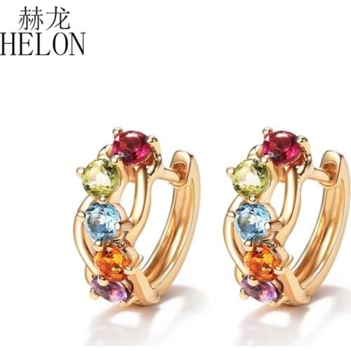 HELON Solid 14K Yellow Gold Round Genuine Amethyst Citrine sky Topaz blue Peridot tourmaline Fine Jewelry Elegant Gift Earrings