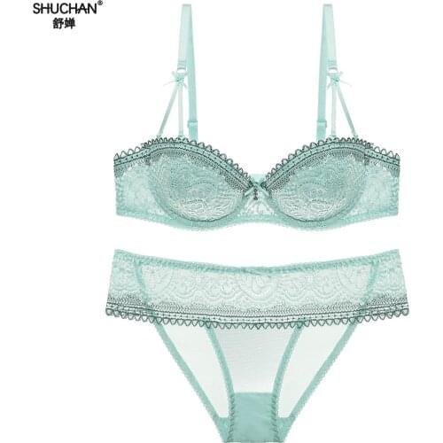 SHUCHAN 2018 Summer Female Lingerie Sexy Lace Bras Gather Push Up Women Underwear Bra Set Girl Transparent Lace Bra Pant 1643