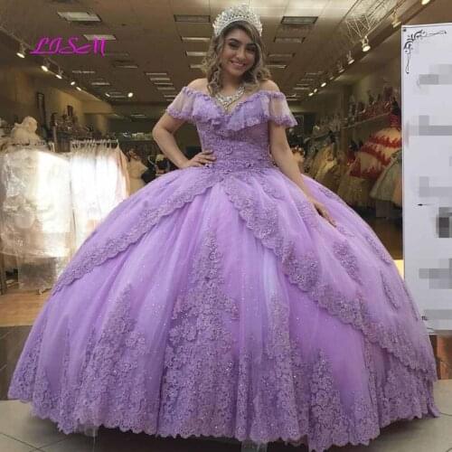 Lilac Ball Gown Quinceanera Dresses Off the Shulder Lace up Back Sweep Train Appliques Beads Long Fromal Prom Gowns 2021