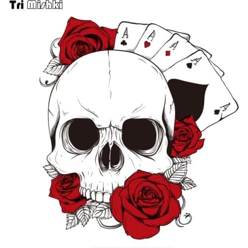 Tri Mishki WCS425 14*15.6cm rose skull poker car sticker funny PVC coloful Decals Motorcycle Accessories sticker