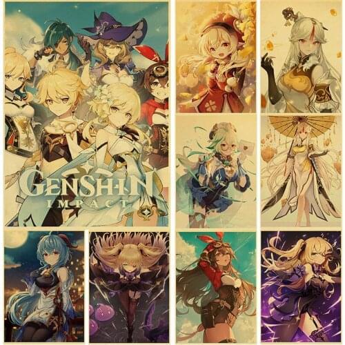 Vintage Kraft Paper Posters Hot Game Genshin Anime Prints Character Atlas Cartoon Wall Stickers Home Bar Paintings Decorative