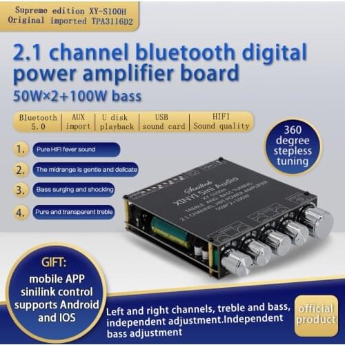 XY-S100H HIFI TPA3116D2 Bluetooth 5.0 Subwoofer Amplifier Board 50WX2+100W 2.1 Channel Power Audio Stereo Bass USB APP AMP
