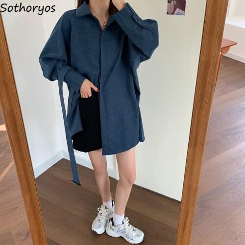Women Long Blouses Solid Sashes Loose Vintage Turn-down Collar Korean Style Fashion Elegant Ulzzang Female Tops All-match Casual