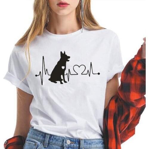 German Shepherd Dog Heartbeat Print Women T Shirt Casual Funny Shirt Tee Shirt Femme Short Sleeve Hipster Tshirt Women Tops