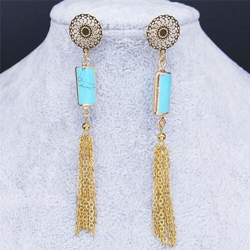 2021 Fashion Flower Stainless Steel Natural Stone Long Earring Women Gold Color Tassel Earrings Jewelry pendientes E11S01