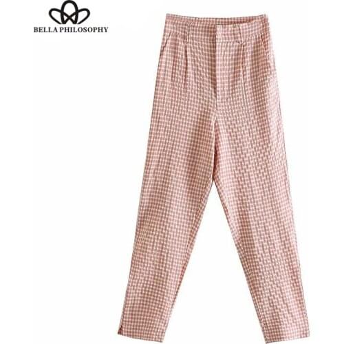 Bella Philosophy Pockets Plaid OL Pants Women 2019 Fashion Zipper Fly Office Lady Chic Ankle Trousers Casual Pantalones Mujer